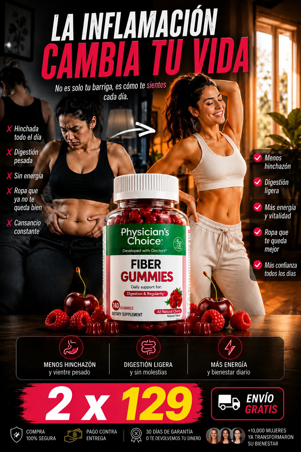 Gomitas de fibra Physician’s Choice para la salud digestiva y la regularidad: Sin azúcar añadido y veganas; gomita diaria para adultos