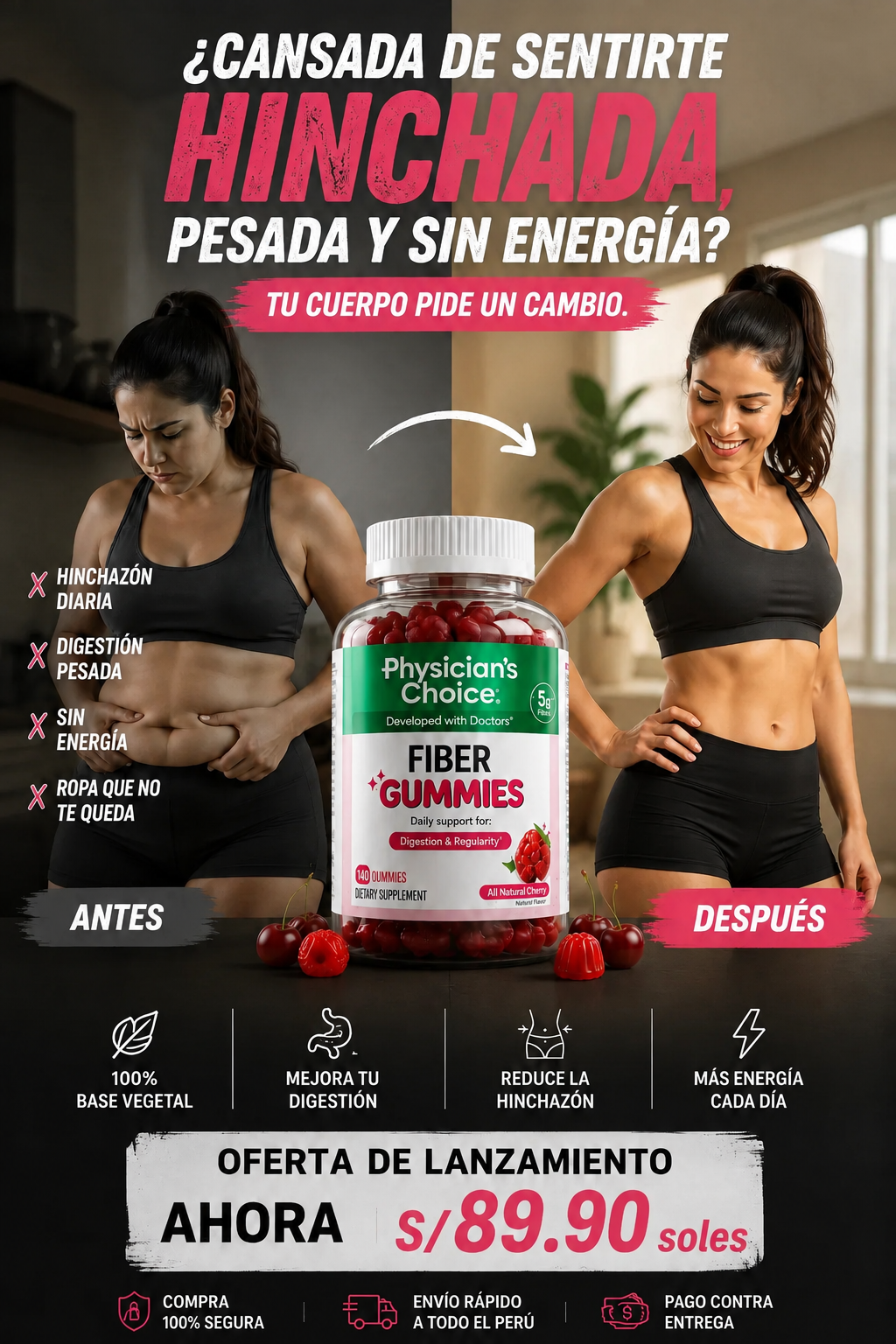 Gomitas de fibra Physician’s Choice para la salud digestiva y la regularidad: Sin azúcar añadido y veganas; gomita diaria para adultos