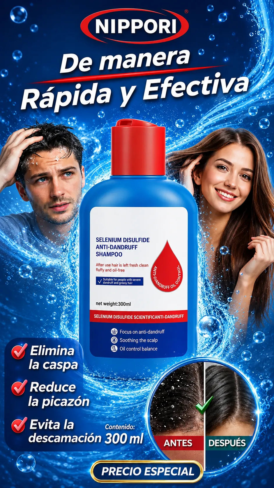 Champú Nippori®: Anticaspa, cuidado del cabello, control de aceite para hombres y mujeres