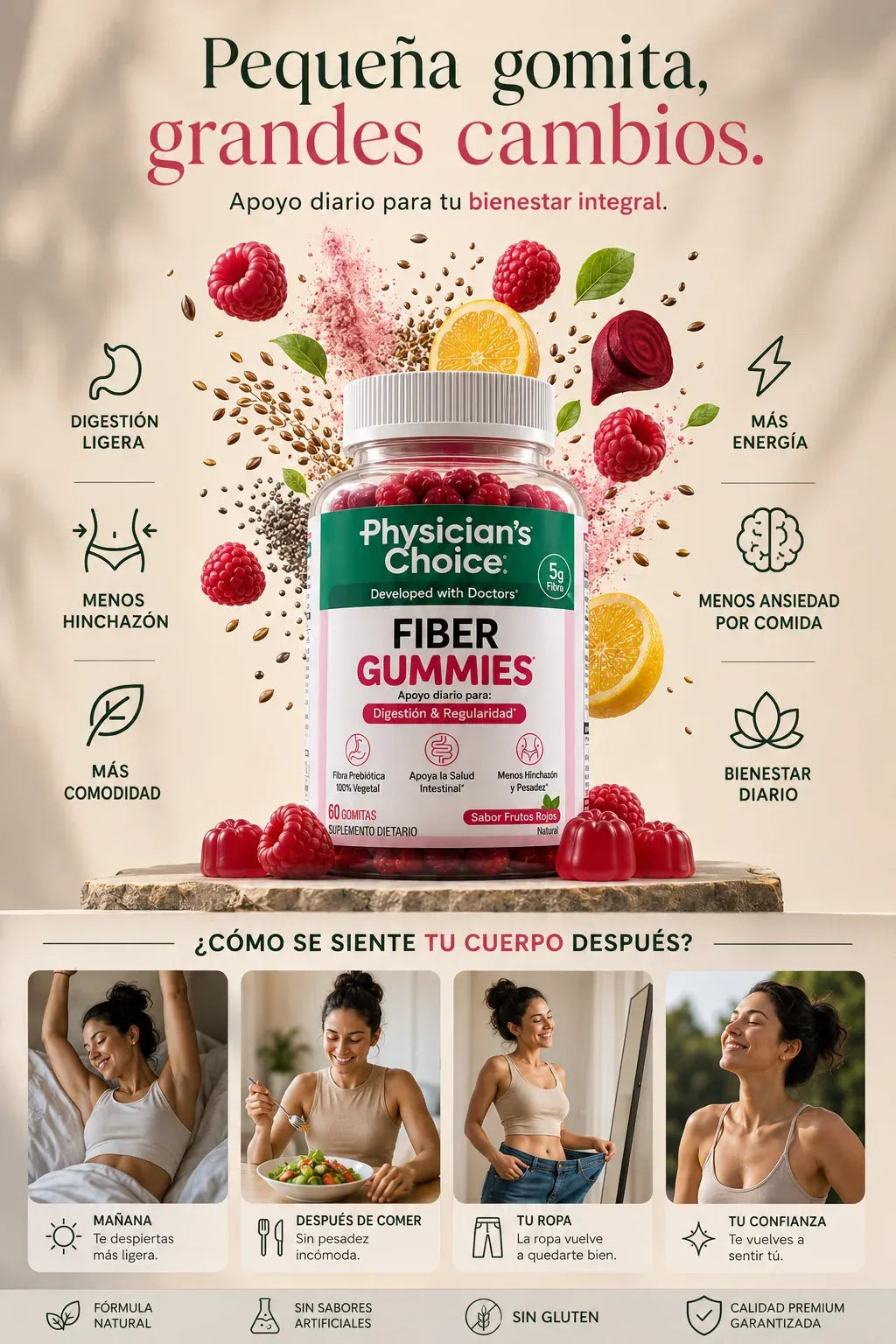 Gomitas de fibra Physician’s Choice para la salud digestiva y la regularidad: Sin azúcar añadido y veganas; gomita diaria para adultos