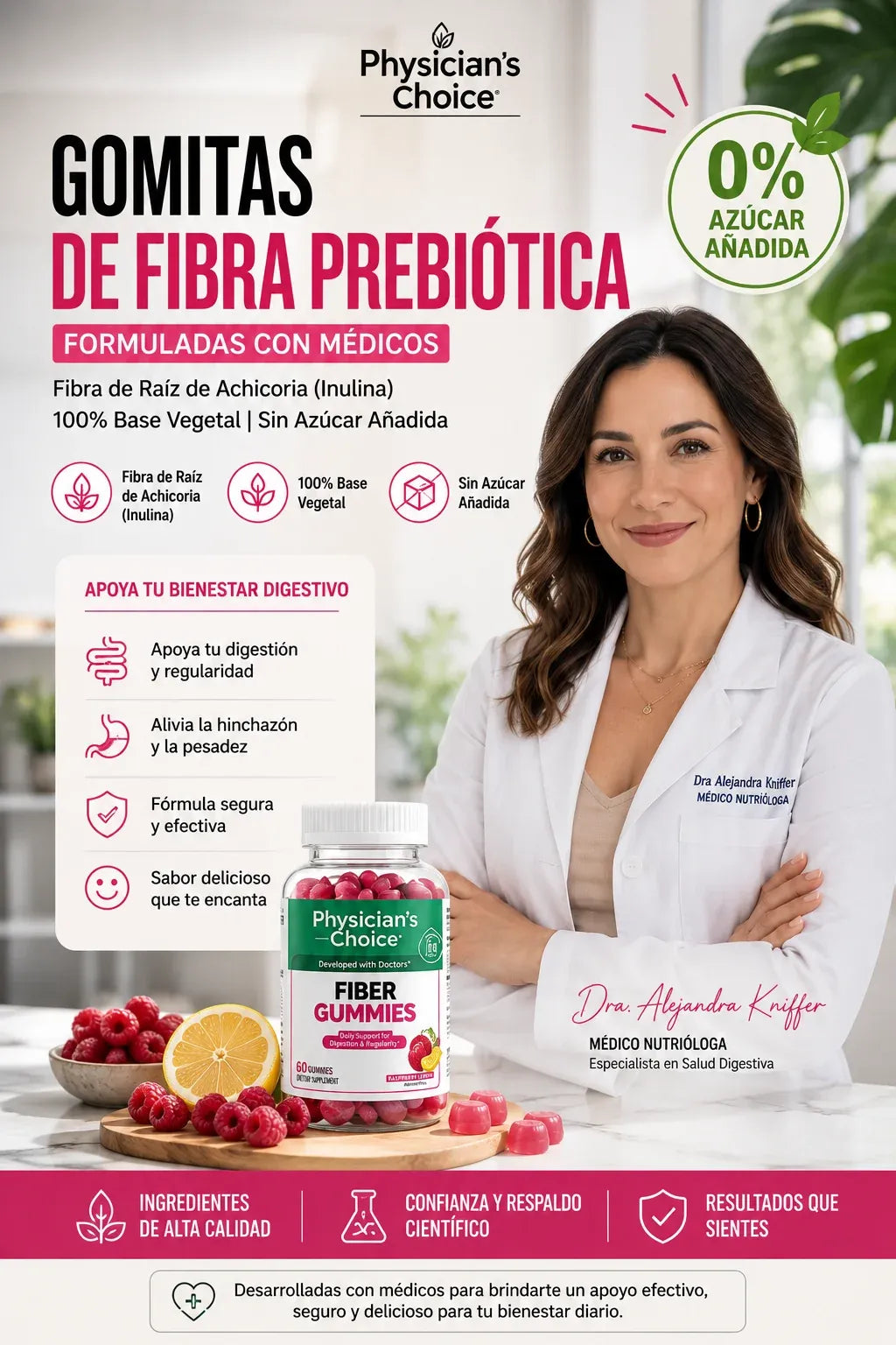 Gomitas de fibra Physician’s Choice para la salud digestiva y la regularidad: Sin azúcar añadido y veganas; gomita diaria para adultos