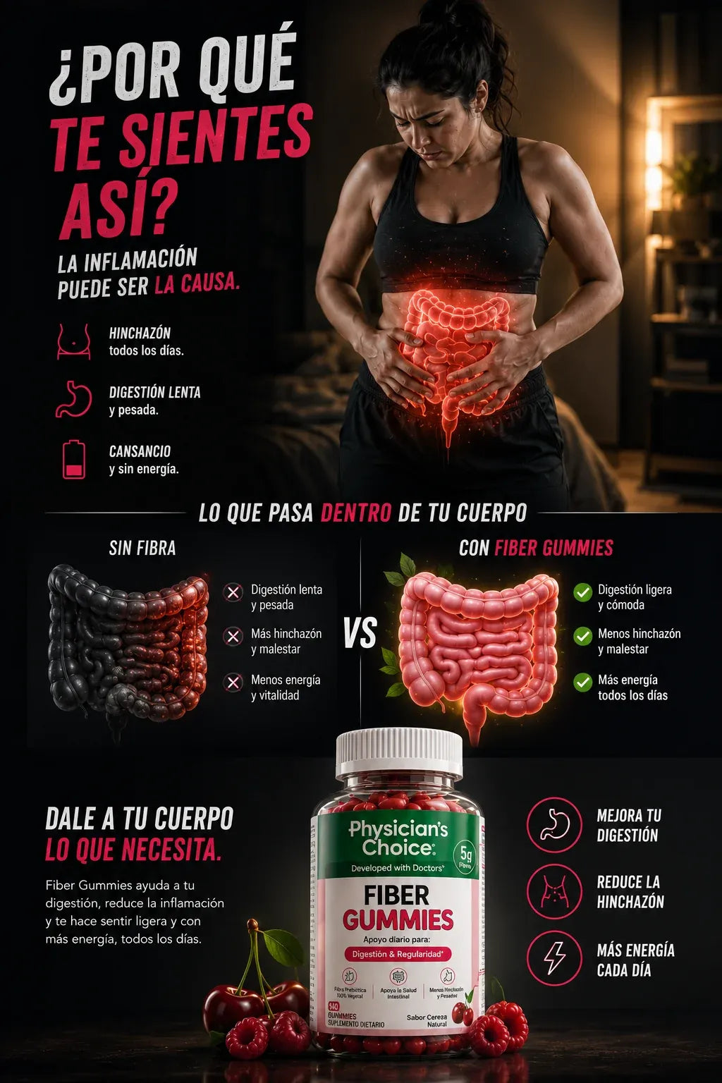 Gomitas de fibra Physician’s Choice para la salud digestiva y la regularidad: Sin azúcar añadido y veganas; gomita diaria para adultos