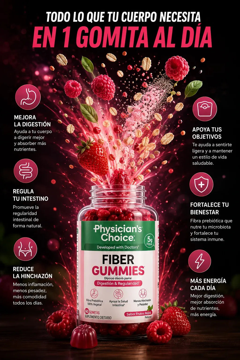 Gomitas de fibra Physician’s Choice para la salud digestiva y la regularidad: Sin azúcar añadido y veganas; gomita diaria para adultos