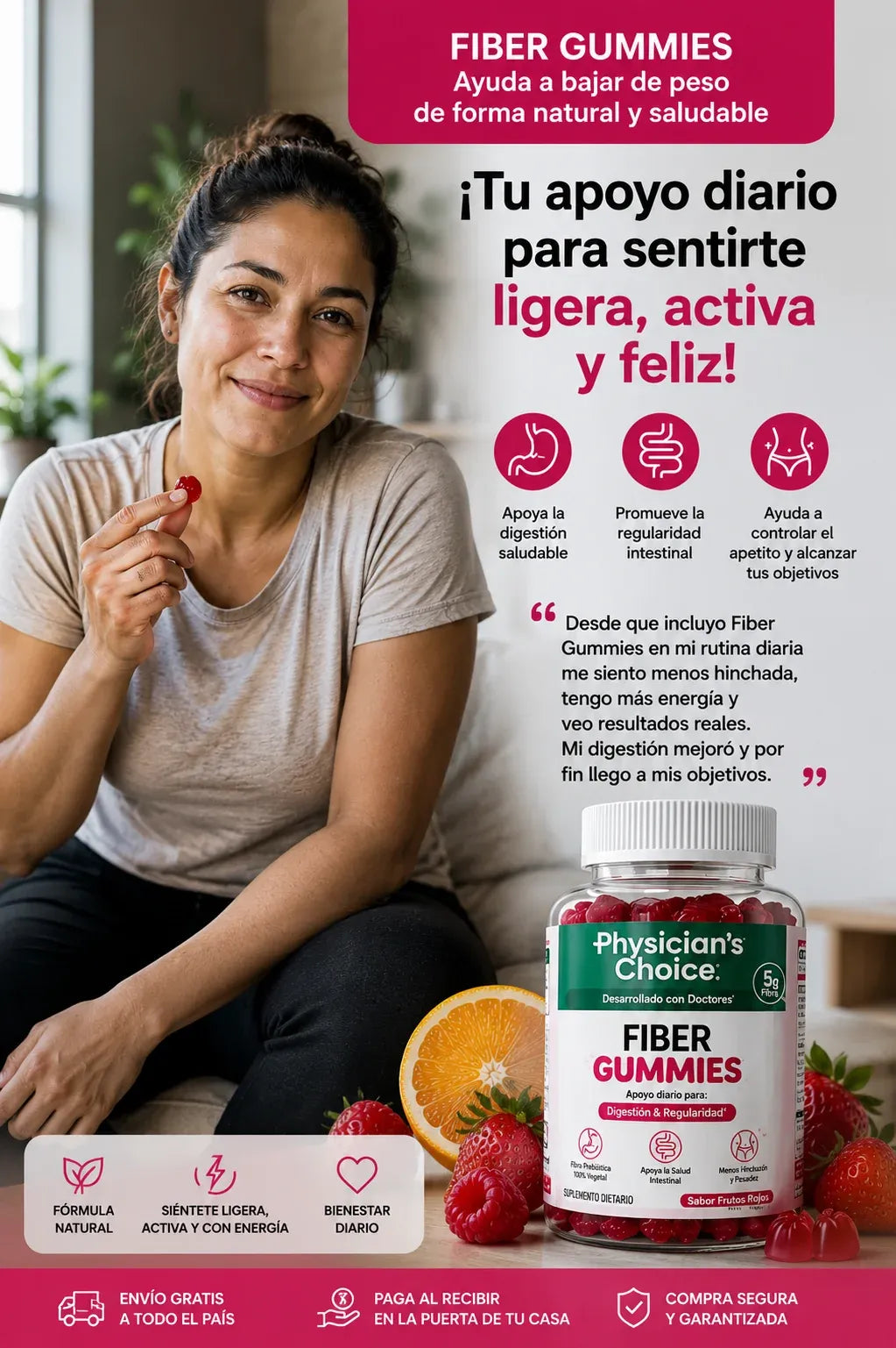 Gomitas de fibra Physician’s Choice para la salud digestiva y la regularidad: Sin azúcar añadido y veganas; gomita diaria para adultos