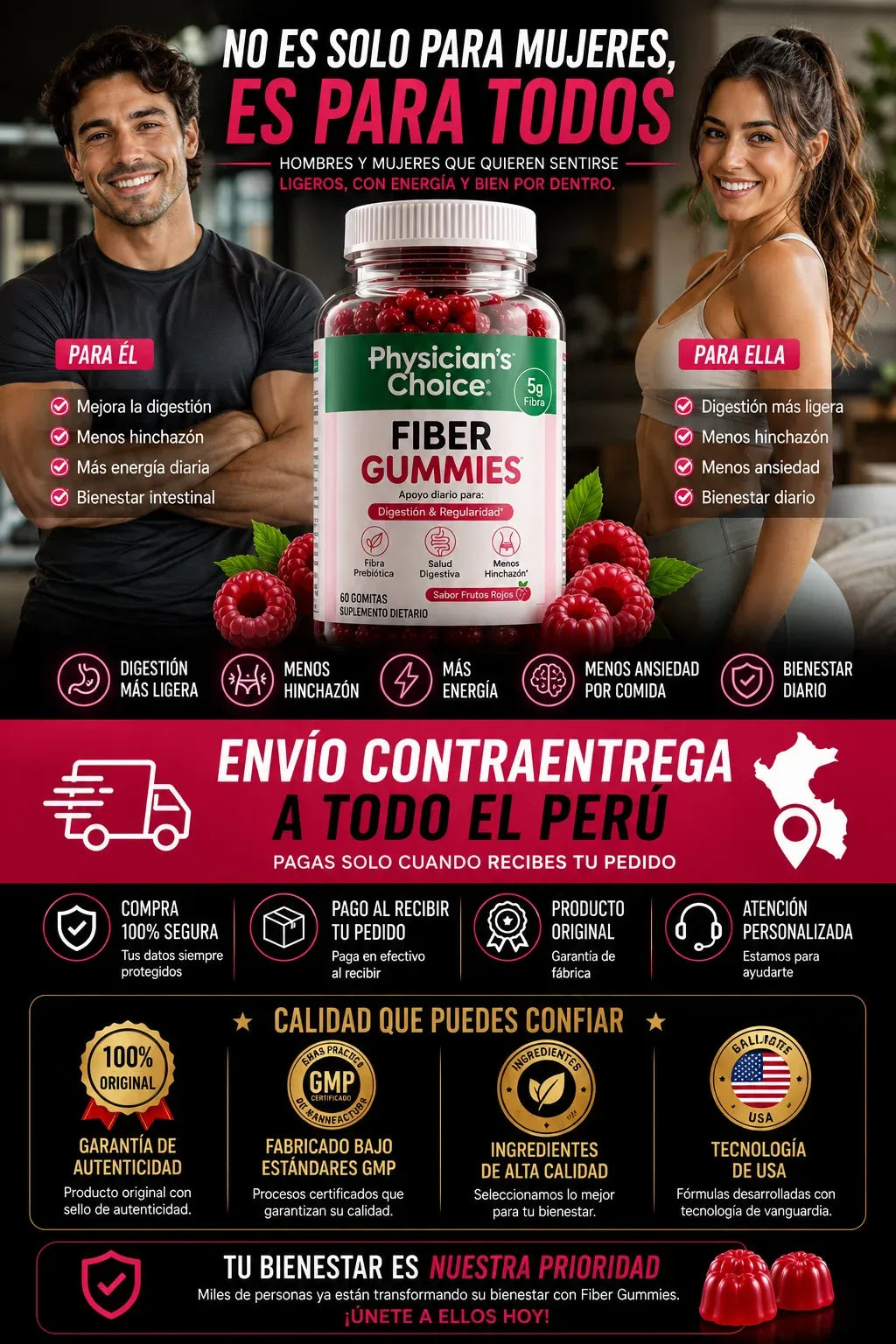 Gomitas de fibra Physician’s Choice para la salud digestiva y la regularidad: Sin azúcar añadido y veganas; gomita diaria para adultos