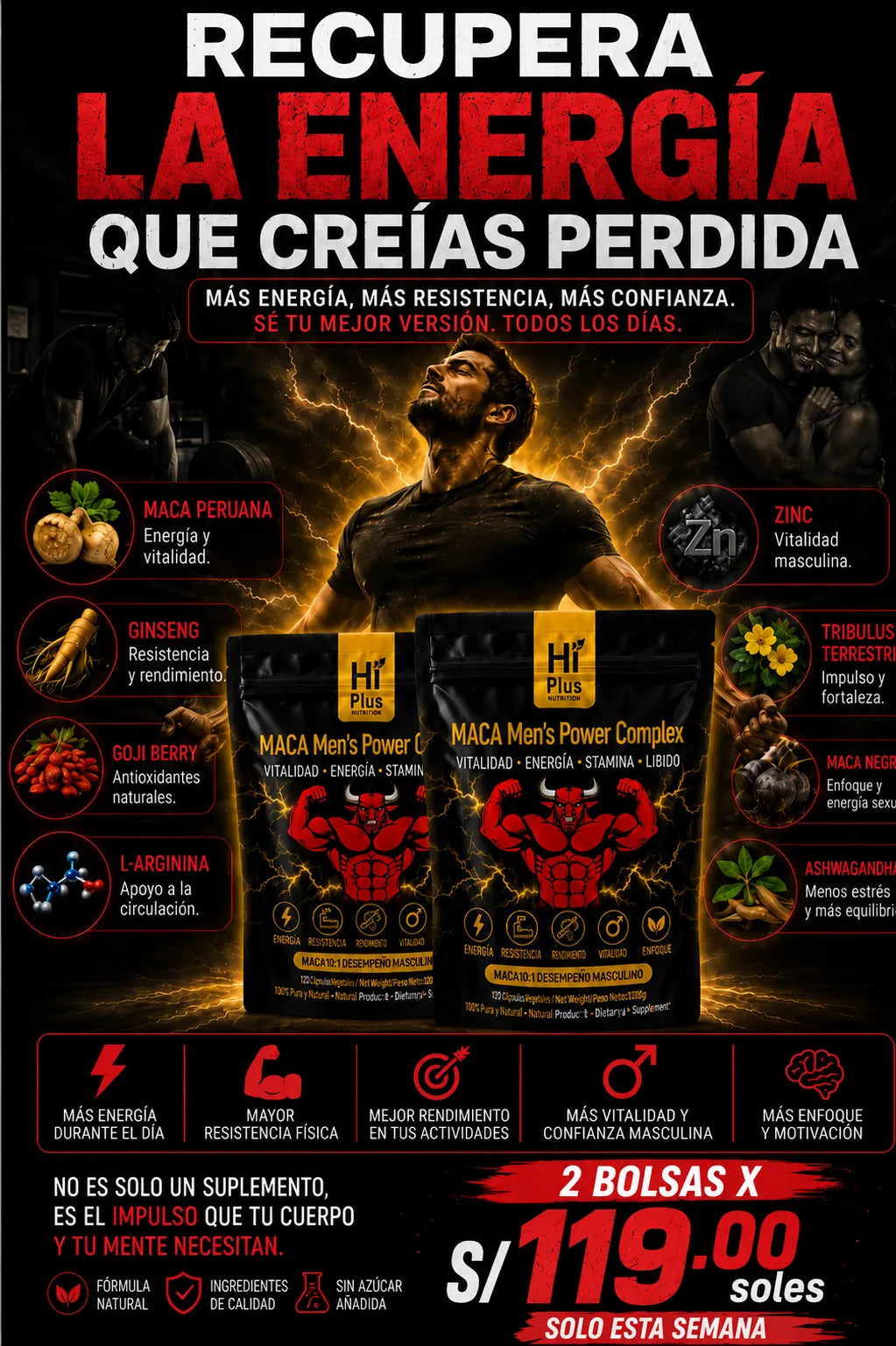 MACA MEN'S POWER COMPLEX: Testosterona, Energía, Resistencia, Recuperación Muscular y Salud de la Próstata.