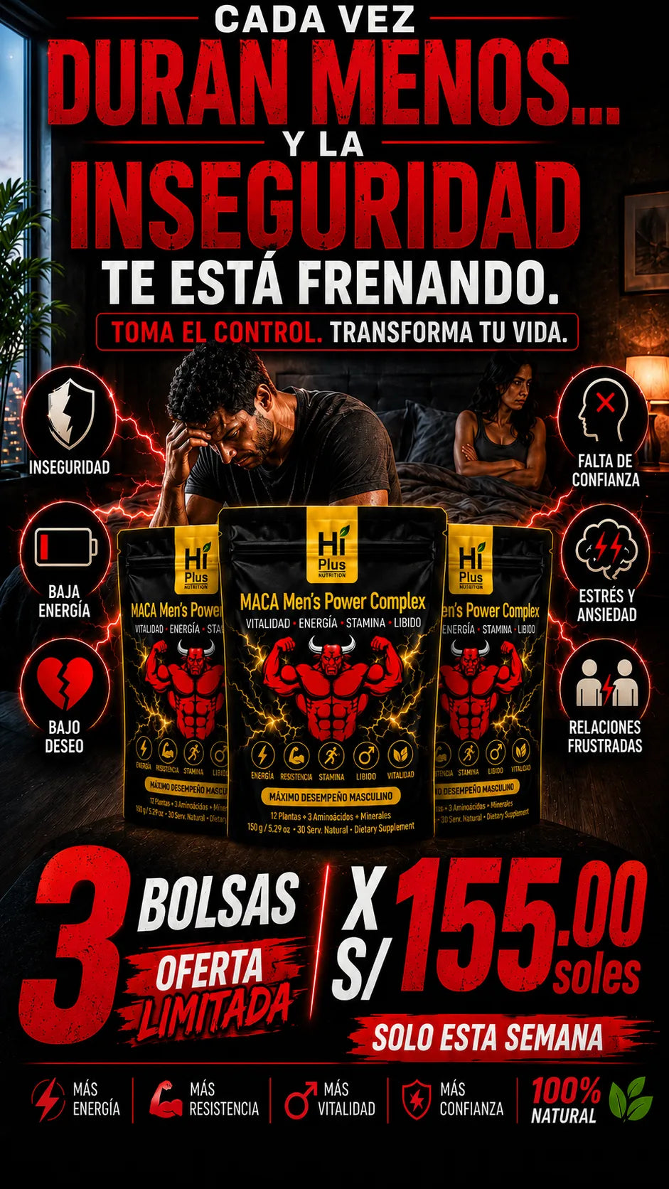 MACA MEN'S POWER COMPLEX: Testosterona, Energía, Resistencia, Recuperación Muscular y Salud de la Próstata.