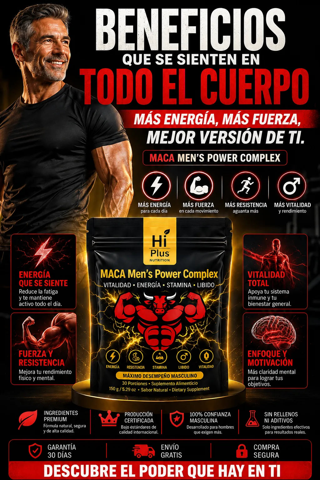 MACA MEN'S POWER COMPLEX: Testosterona, Energía, Resistencia, Recuperación Muscular y Salud de la Próstata.